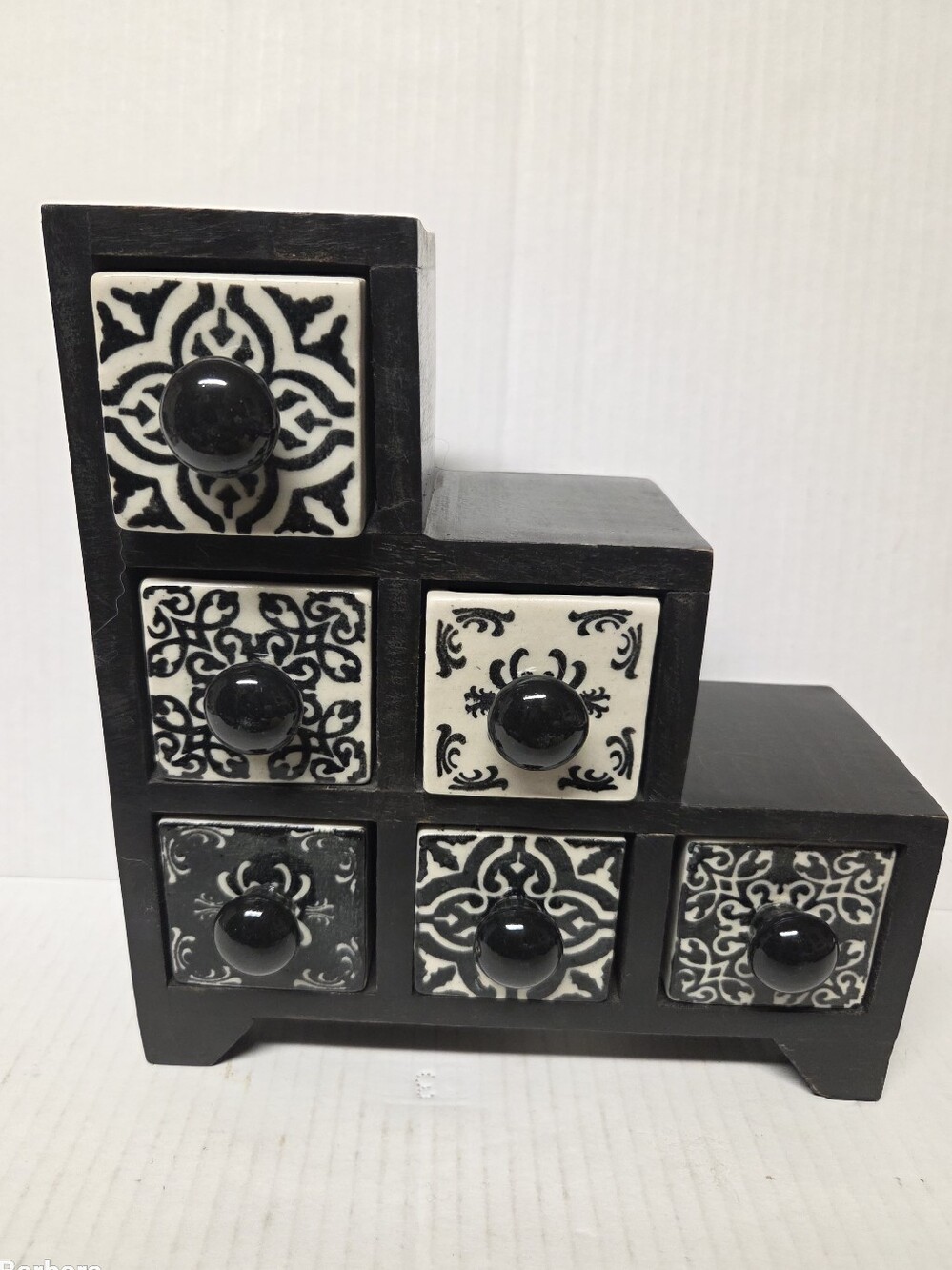 Art Deco 6-Drawer Wood and Ceramic Art Deco Jewelry/Trinket Box
